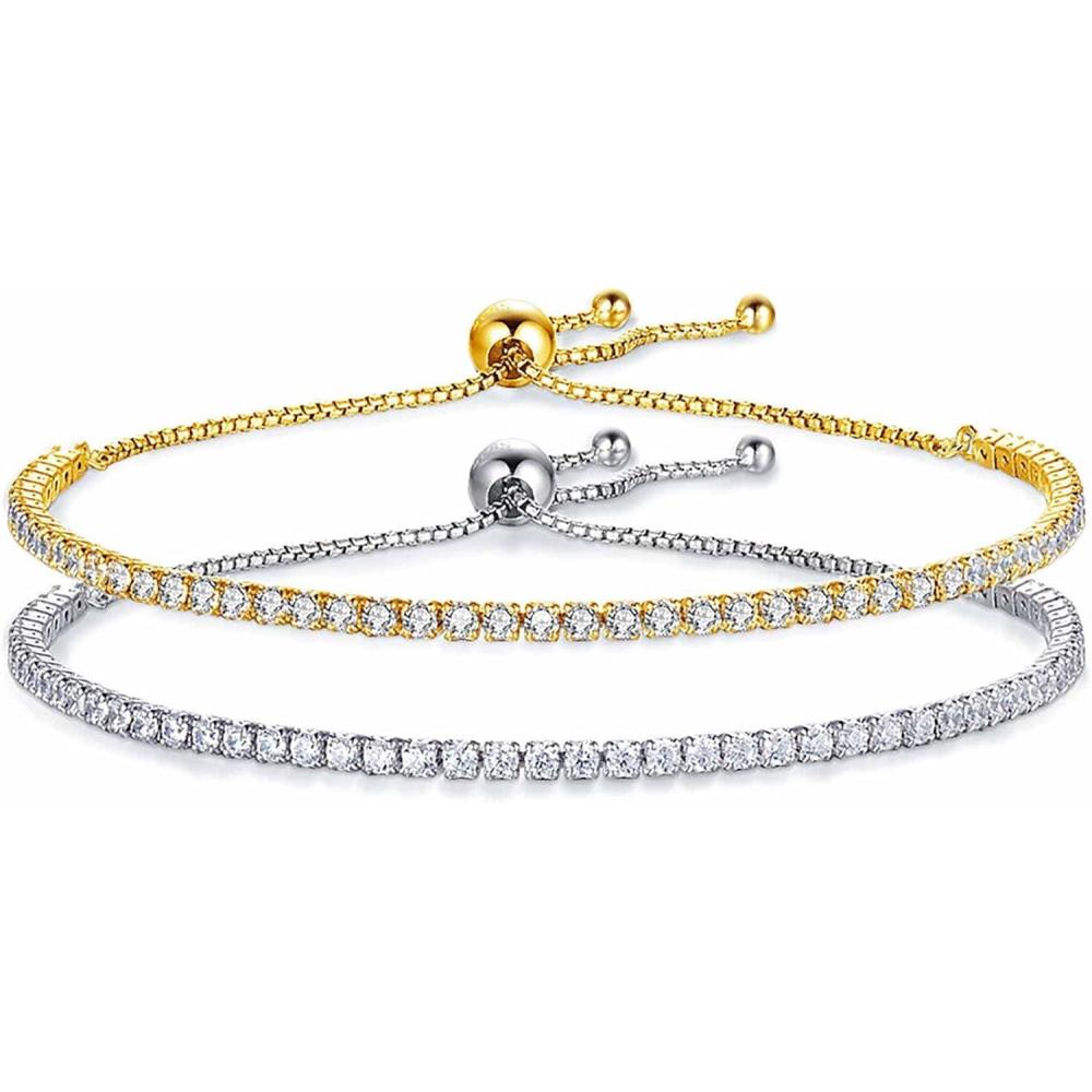 imageVQYSKO Tennis Bracelets for Women 3mm Cubic Zirconia Gold PlatedWhite GoldRose Gold Adjustable Bracelets Great Gifts for MomMothers DayAnniversaryBirthdayor Wedding CelebrationGold PlatedWhite Gold