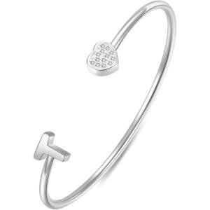 VQYSKO Heart Initial Cuff Bracelets for Woman-CZ Stainless Steel Adjustable Open Bracelet Woman Jewellery,Birthday Gifts for Woman(Silver T)