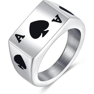 VQYSKO Signet Rings for Men Women,Solid Polished Stainless Steel Biker Ring for Men,Ideal Gift for Dad & Boyfriend,Silver Gold Black Color for Choice, size 4-15(Silver Spade Ace)