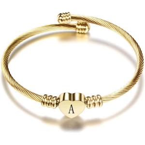 VQYSKO Silver Heart Initials Bracelet-A-Z Stainless Steel Engraved Charm Bracelet, Woman Jewelry Birthday Festival Gift(Gold A)