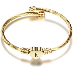 VQYSKO Silver Heart Initials Bracelet-A-Z Stainless Steel Engraved Charm Bracelet, Woman Jewelry Birthday Festival Gift(Gold K)