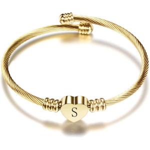 VQYSKO Silver Heart Initials Bracelet-A-Z Stainless Steel Engraved Charm Bracelet, Woman Jewelry Birthday Festival Gift(Gold S)