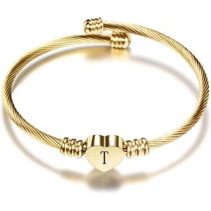 VQYSKO Silver Heart Initials Bracelet-A-Z Stainless Steel Engraved Charm Bracelet, Woman Jewelry Birthday Festival Gift(Gold T)