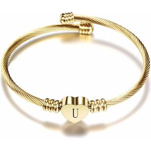VQYSKO Silver Heart Initials Bracelet-A-Z Stainless Steel Engraved Charm Bracelet, Woman Jewelry Birthday Festival Gift(Gold U)