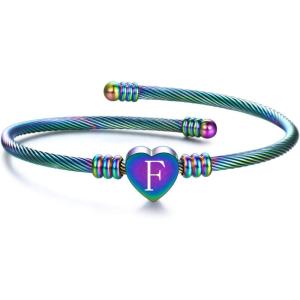 VQYSKO Silver Heart Initials Bracelet-A-Z Stainless Steel Engraved Charm Bracelet, Woman Jewelry Birthday Festival Gift(Rainbow F)