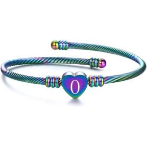 VQYSKO Silver Heart Initials Bracelet-A-Z Stainless Steel Engraved Charm Bracelet, Woman Jewelry Birthday Festival Gift(Rainbow O)