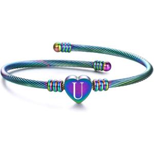 VQYSKO Silver Heart Initials Bracelet-A-Z Stainless Steel Engraved Charm Bracelet, Woman Jewelry Birthday Festival Gift(Rainbow W)