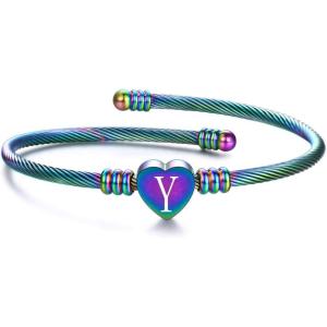 VQYSKO Silver Heart Initials Bracelet-A-Z Stainless Steel Engraved Charm Bracelet, Woman Jewelry Birthday Festival Gift(Rainbow Y)