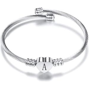 VQYSKO Silver Heart Initials Bracelet-A-Z Stainless Steel Engraved Charm Bracelet, Woman Jewelry Birthday Festival Gift(Silver A)