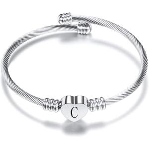 VQYSKO Silver Heart Initials Bracelet-A-Z Stainless Steel Engraved Charm Bracelet, Woman Jewelry Birthday Festival Gift(Silver C)