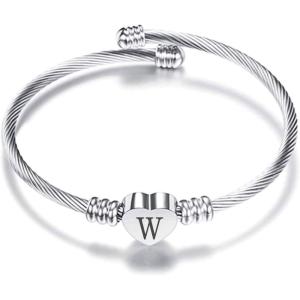 VQYSKO Silver Heart Initials Bracelet-A-Z Stainless Steel Engraved Charm Bracelet, Woman Jewelry Birthday Festival Gift(Silver W)