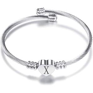 VQYSKO Silver Heart Initials Bracelet-A-Z Stainless Steel Engraved Charm Bracelet, Woman Jewelry Birthday Festival Gift(Silver X)