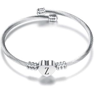 VQYSKO Silver Heart Initials Bracelet-A-Z Stainless Steel Engraved Charm Bracelet, Woman Jewelry Birthday Festival Gift(Silver Z)