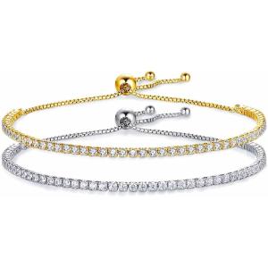 VQYSKO Tennis Bracelets for Women 3mm Cubic Zirconia Gold Plated/White Gold/Rose Gold, Adjustable Bracelets, Great Gifts for Mom/Mother’s Day/Anniversary/Birthday/or Wedding Celebration(Gold Plated+White Gold)
