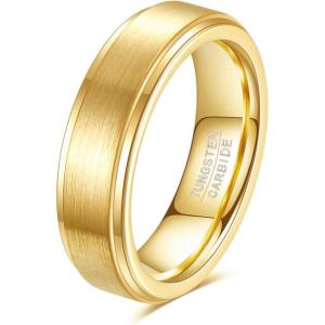 VQYSKO Tungsten Wedding Band Ring for Men Women | 6mm Gold Silver Two-Tone Step Edges Tungsten Wedding Band Ring for Men Women | High Polish Comfort Fit | Size 6-12(6mm-Gold)