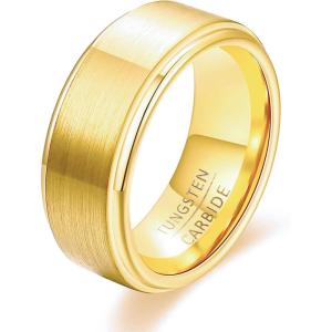 VQYSKO Tungsten Wedding Band Ring for Men Women | 6mm Gold Silver Two-Tone Step Edges Tungsten Wedding Band Ring for Men Women | High Polish Comfort Fit | Size 6-12(8mm-Gold)