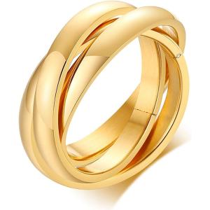VQYSKO Triple Interlocked Rolling Ring for Women-Stainless Steel Stacking Rose gold Minimalist Promise Ring for Love/Engagement/Wedding, Size 4-12(Gold-triple ring)