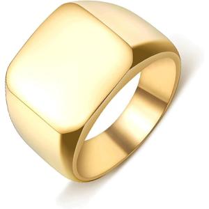 VQYSKO Signet Rings for Men Women,Solid Polished Stainless Steel Biker Ring for Men,Ideal Gift for Dad & Boyfriend,Silver Gold Black Color for Choice, size 4-15(Square Gold)