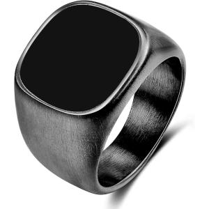 VQYSKO Signet Rings for Men Women,Solid Polished Stainless Steel Biker Ring for Men,Ideal Gift for Dad & Boyfriend,Silver Gold Black Color for Choice, size 4-15(Square Grey+Black)