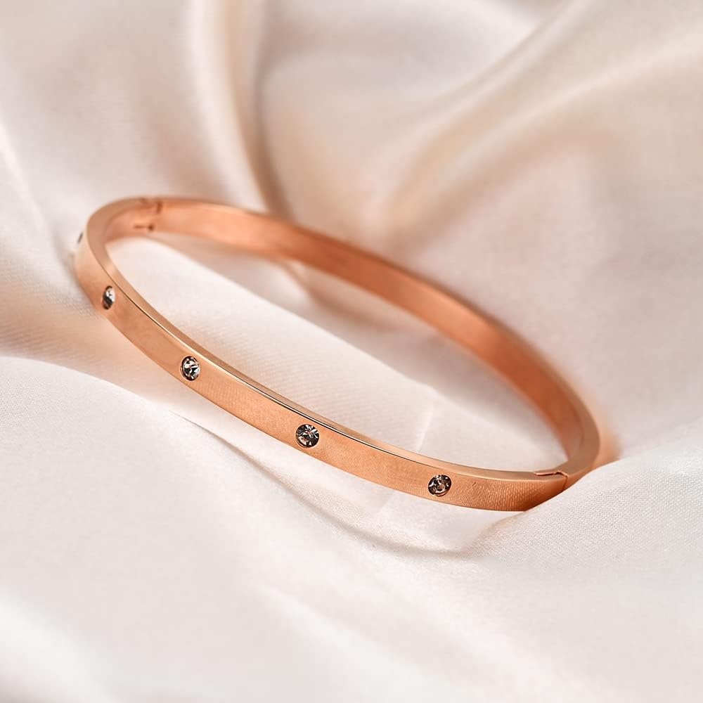 image:imageVQYSKO Love Friendship Bracelet Bangle Gold Rose Gold Silver with Cubic Zirconia Stones Stainless Steel Hinged Jewelry with Crystal Oval Bracelet Birthday Present for Her Women Teen Girls65Inch4MMOvalRose Gold