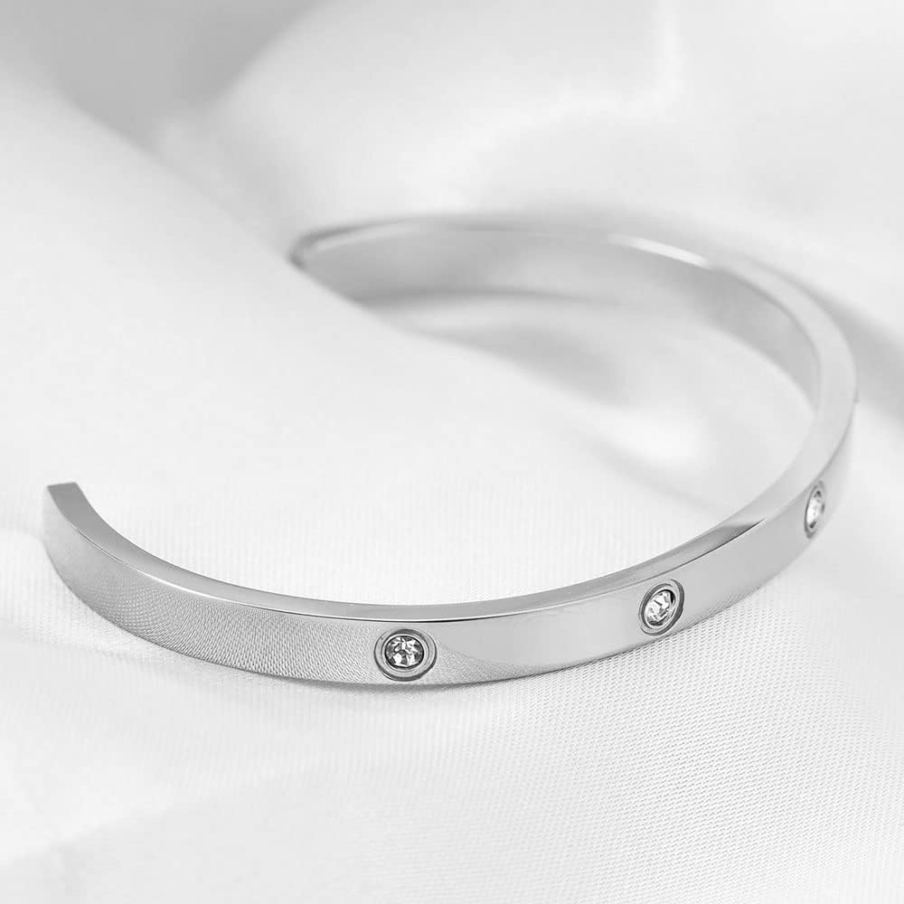 image:imageVQYSKO Love Friendship Bracelet Bangle Gold Rose Gold Silver with Cubic Zirconia Stones Stainless Steel Hinged Jewelry with Crystal Oval Bracelet Birthday Present for Her Women Teen Girls65Inch4MMOvalSilver