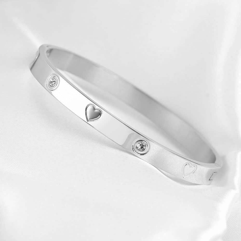 image:imageVQYSKO Love Friendship Bracelet Bangle Gold Rose Gold Silver with Cubic Zirconia Stones Stainless Steel Hinged Jewelry with Crystal Oval Bracelet Birthday Present for Her Women Teen Girls67 InchHeartSilver