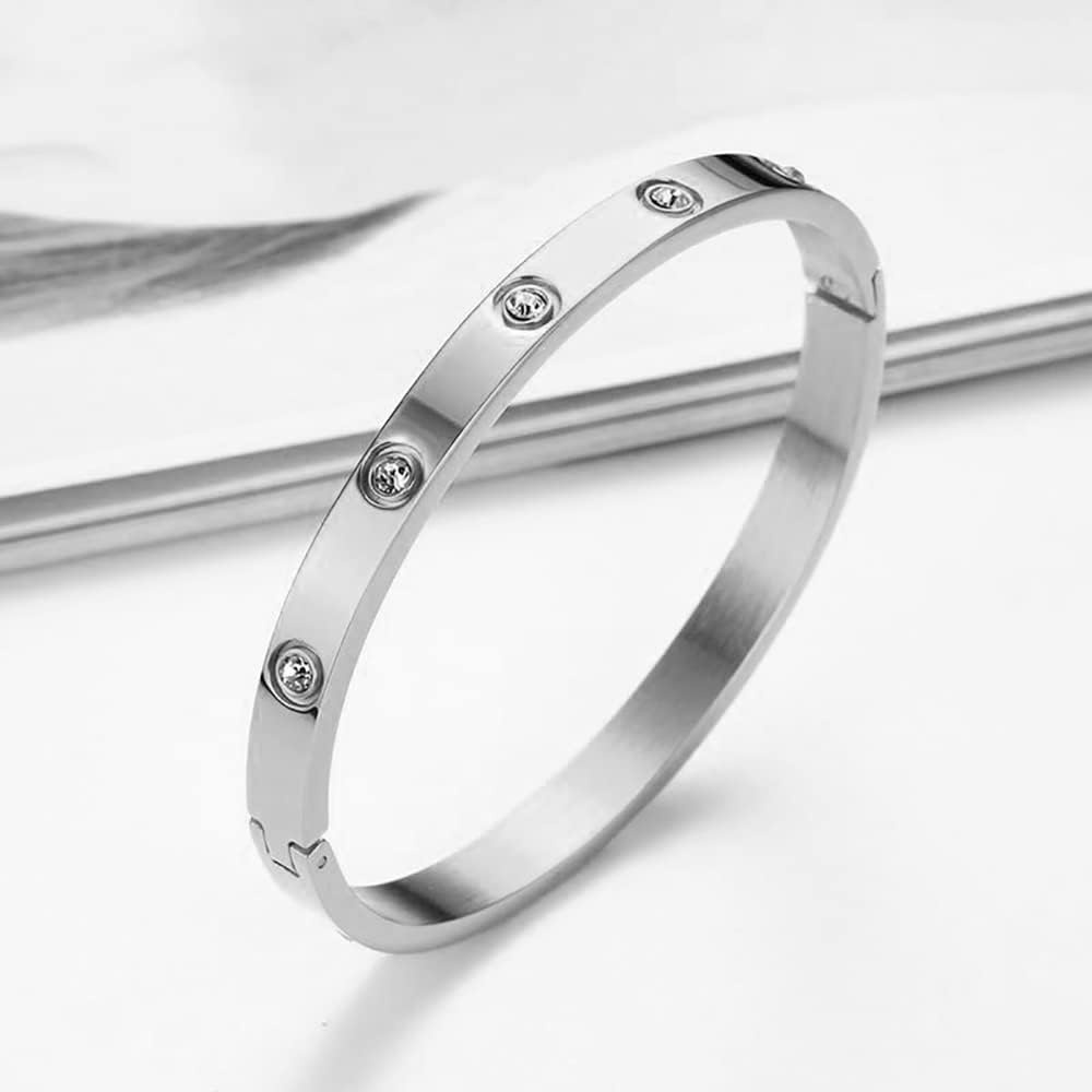 image:imageVQYSKO Love Friendship Bracelet Bangle Gold Rose Gold Silver with Cubic Zirconia Stones Stainless Steel Hinged Jewelry with Crystal Oval Bracelet Birthday Present for Her Women Teen Girls7 InchOvalSilver
