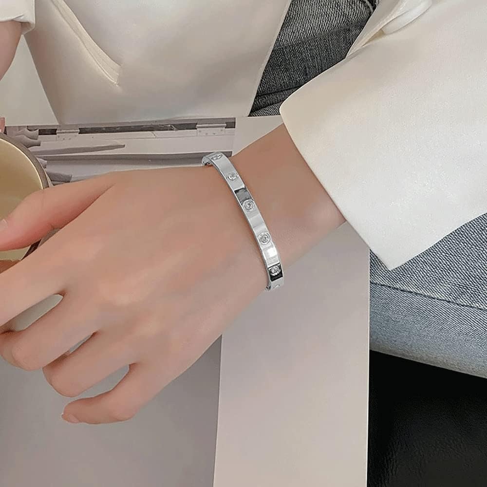 image:imageVQYSKO Love Friendship Bracelet Bangle Gold Rose Gold Silver with Cubic Zirconia Stones Stainless Steel Hinged Jewelry with Crystal Oval Bracelet Birthday Present for Her Women Teen Girls67 InchOvalSilver