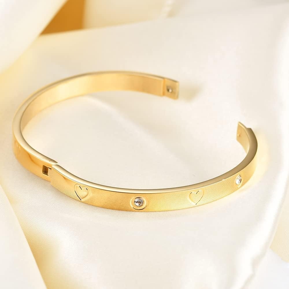 image:imageVQYSKO Love Friendship Bracelet Bangle Gold Rose Gold Silver with Cubic Zirconia Stones Stainless Steel Hinged Jewelry with Crystal Oval Bracelet Birthday Present for Her Women Teen Girls7 InchHeartGolden