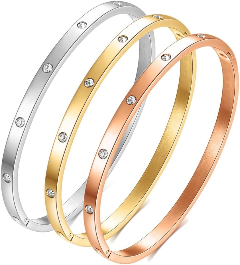 image:imageVQYSKO Love Friendship Bracelet Bangle Gold Rose Gold Silver with Cubic Zirconia Stones Stainless Steel Hinged Jewelry with Crystal Oval Bracelet Birthday Present for Her Women Teen Girls65Inch4MMOvalSilver