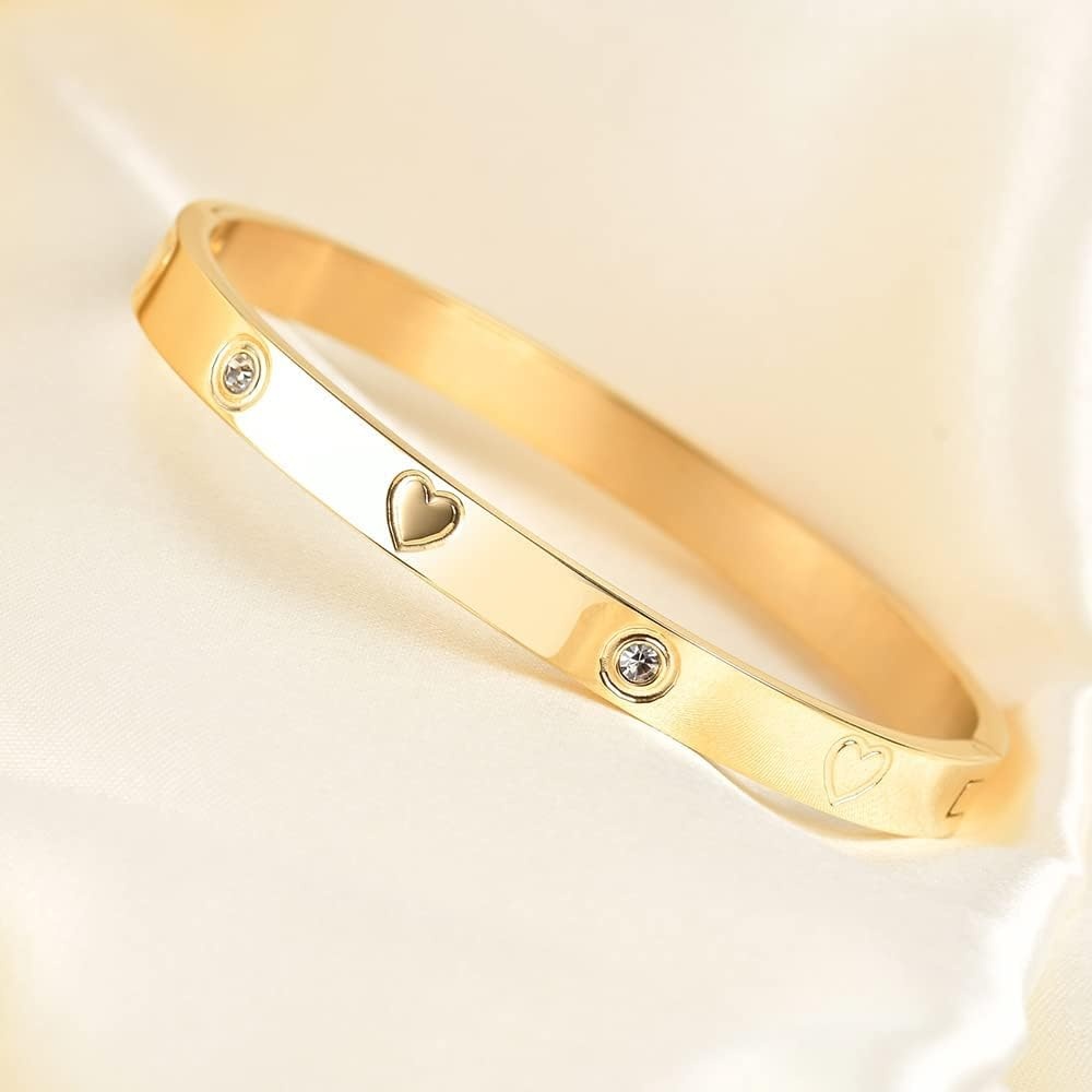 image:imageVQYSKO Love Friendship Bracelet Bangle Gold Rose Gold Silver with Cubic Zirconia Stones Stainless Steel Hinged Jewelry with Crystal Oval Bracelet Birthday Present for Her Women Teen Girls7 InchHeartGolden