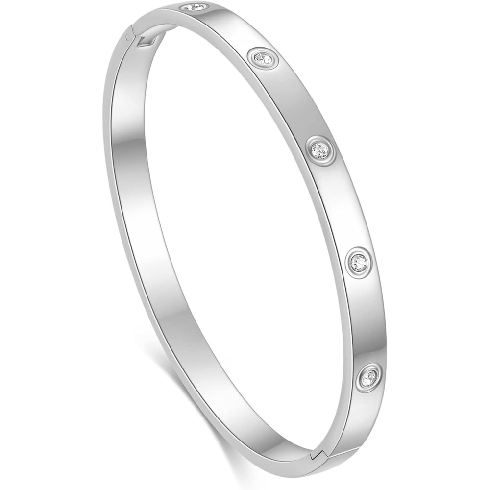image:imageVQYSKO Love Friendship Bracelet Bangle Gold Rose Gold Silver with Cubic Zirconia Stones Stainless Steel Hinged Jewelry with Crystal Oval Bracelet Birthday Present for Her Women Teen Girls67 InchOvalSilver