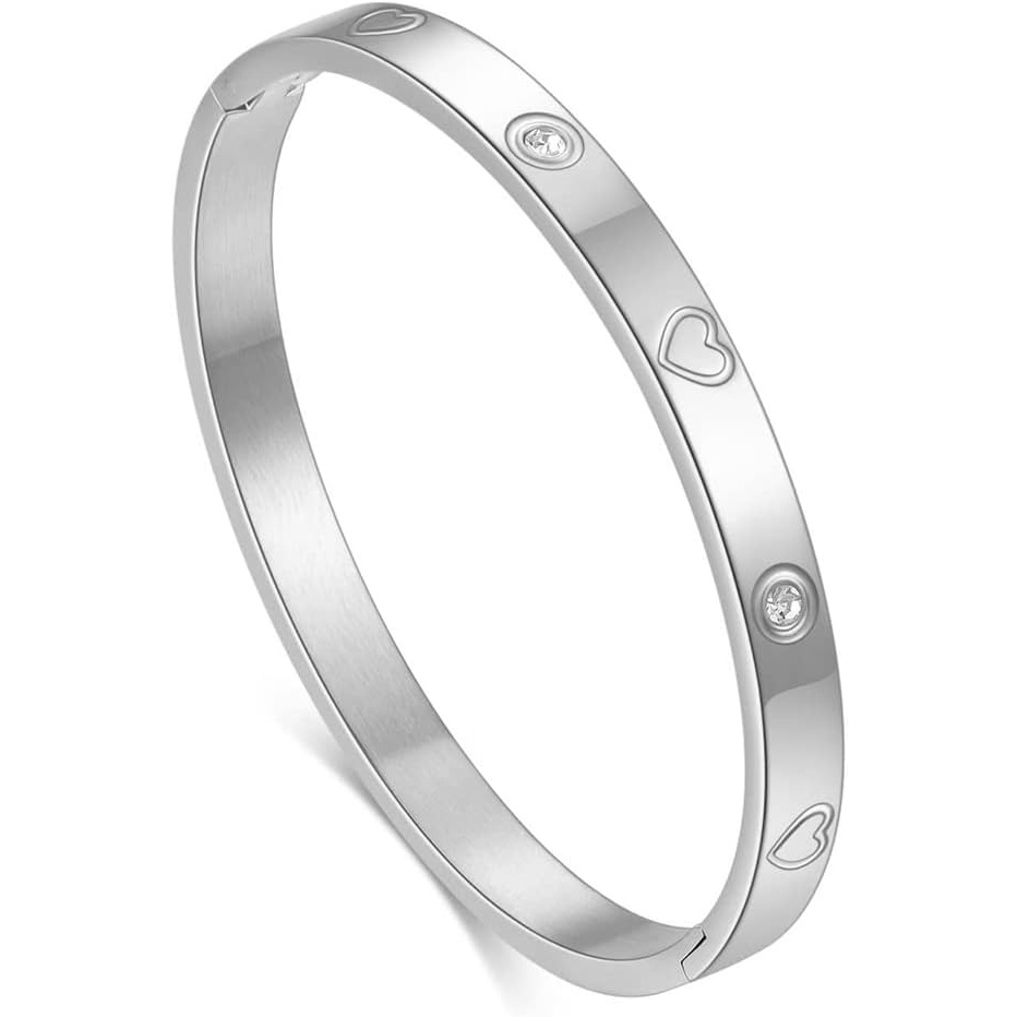 image:imageVQYSKO Love Friendship Bracelet Bangle Gold Rose Gold Silver with Cubic Zirconia Stones Stainless Steel Hinged Jewelry with Crystal Oval Bracelet Birthday Present for Her Women Teen Girls63 InchHeartSilver