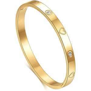 VQYSKO Love Friendship Bracelet Bangle Gold Rose Gold Silver with Cubic Zirconia Stones Stainless Steel Hinged Jewelry with Crystal Oval Bracelet Birthday Present for Her Women Teen Girls(7 Inch-Heart-Golden)