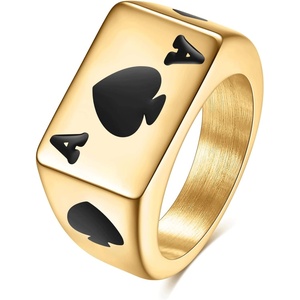 VQYSKO Signet Rings for Men Women,Solid Polished Stainless Steel Biker Ring for Men,Ideal Gift for Dad & Boyfriend,Silver Gold Black Color for Choice, size 4-15 (Gold Spade Ace, 11)